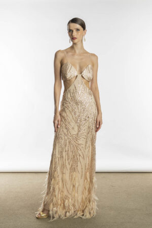 Vestido de Festa Bordado com Plumas Carla Bruni